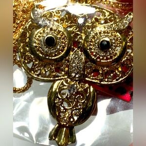 Betsey Johnson Owl Pendant GoldTone Rhinestones Beaded Eyes Long Chain NWT